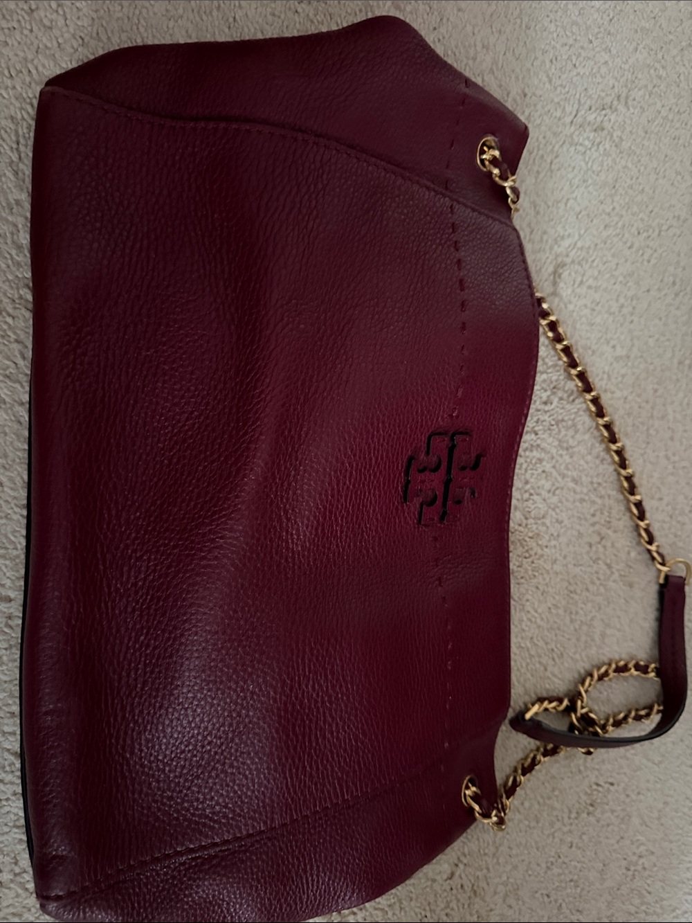 Tory Burch Wine Pebbled Leather Shoulder Bag with Gold Chain